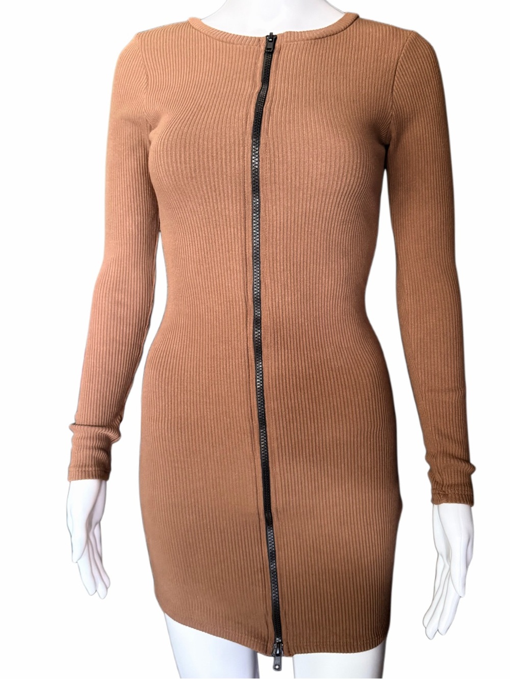 Ashlyn Ribbed Bodycon Dress Women M Brown Long Sleeve Full Zip Fitted Mini